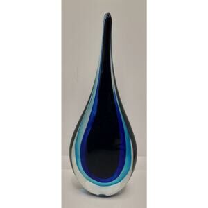 VINTAGE TALL GLASS TEAR DROP PAPERWEIGHT ART SCULPTURE 11" BLUES